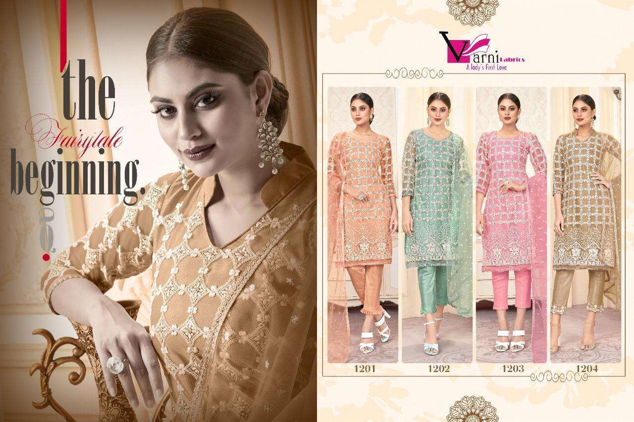 ZEEYA HUSNA BY VARNI FABRICS 1201 TO 1204 SERIES BEAUTIFUL SUITS STYLISH FANCY COLORFUL CASUAL WEAR & ETHNIC WEAR BUTTERFLY NET EMBROIDERED DRESSES AT WHOLESALE PRICE
