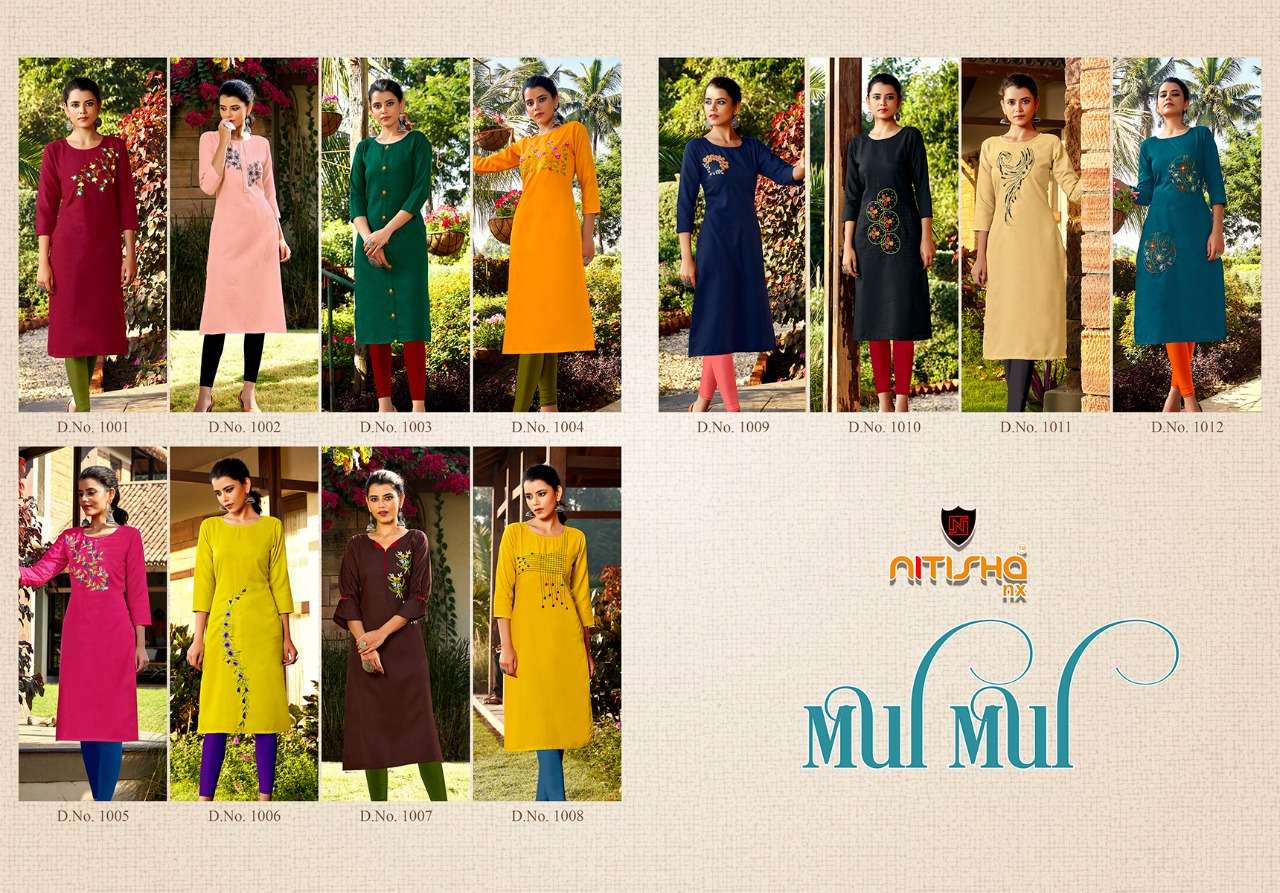 MUL MUL BY NITISHA NX 1001 TO 1012 SERIES STYLISH FANCY BEAUTIFUL COLORFUL CASUAL WEAR & ETHNIC WEAR HEAVY SOFT COTTON SLUB KURTIS AT WHOLESALE PRICE