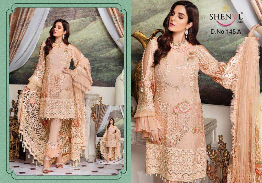 SHENYL 145 COLOUR BY SHENYL FAB 145-A TO 145-E BEAUTIFUL PAKISTANI SUITS COLORFUL STYLISH FANCY CASUAL WEAR & ETHNIC WEAR FAUX GEORGETTE EMBROIDERED DRESSES AT WHOLESALE PRICE