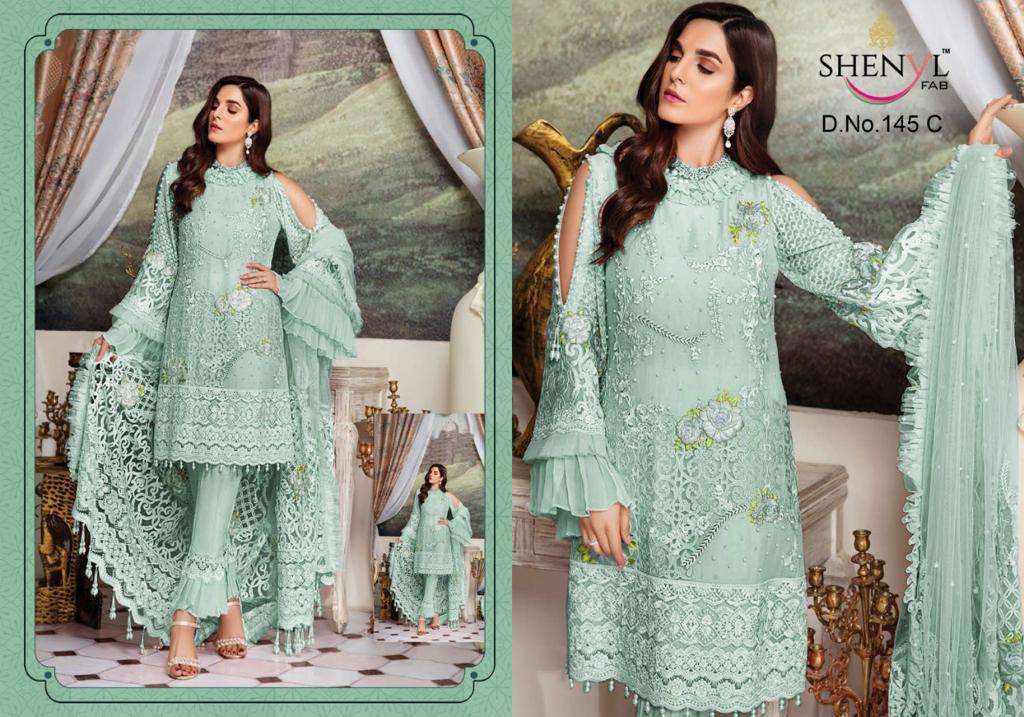 SHENYL 145 COLOUR BY SHENYL FAB 145-A TO 145-E BEAUTIFUL PAKISTANI SUITS COLORFUL STYLISH FANCY CASUAL WEAR & ETHNIC WEAR FAUX GEORGETTE EMBROIDERED DRESSES AT WHOLESALE PRICE