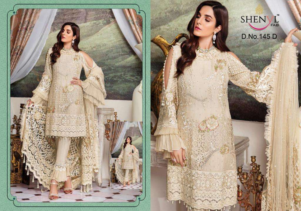 SHENYL 145 COLOUR BY SHENYL FAB 145-A TO 145-E BEAUTIFUL PAKISTANI SUITS COLORFUL STYLISH FANCY CASUAL WEAR & ETHNIC WEAR FAUX GEORGETTE EMBROIDERED DRESSES AT WHOLESALE PRICE