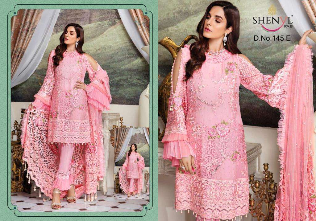 SHENYL 145 COLOUR BY SHENYL FAB 145-A TO 145-E BEAUTIFUL PAKISTANI SUITS COLORFUL STYLISH FANCY CASUAL WEAR & ETHNIC WEAR FAUX GEORGETTE EMBROIDERED DRESSES AT WHOLESALE PRICE