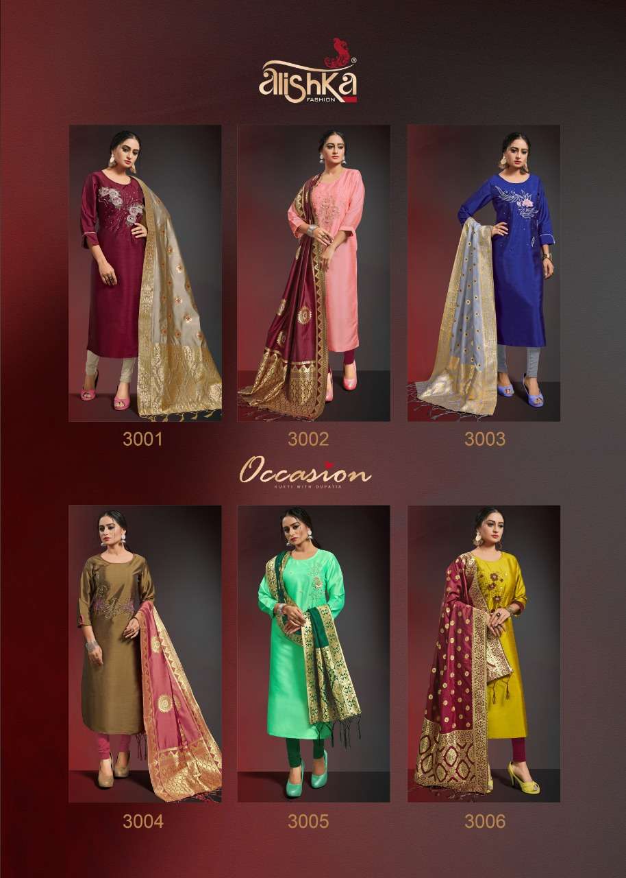 OCCASION VOL-3 BY ALISHKA FASHION 3001 TO 3006 SERIES DESIGNER BEAUTIFUL STYLISH FANCY COLORFUL PARTY WEAR & OCCASIONAL WEAR SILK PRINTED KURTIS WITH DUPATTA AT WHOLESALE PRICE