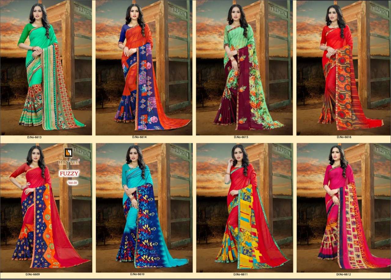 FUZZY VOL-20 BY HAYTEE 6609 TO 6616 SERIES INDIAN TRADITIONAL WEAR COLLECTION BEAUTIFUL STYLISH FANCY COLORFUL PARTY WEAR & OCCASIONAL WEAR RENIAL PRINT SAREES AT WHOLESALE PRICE