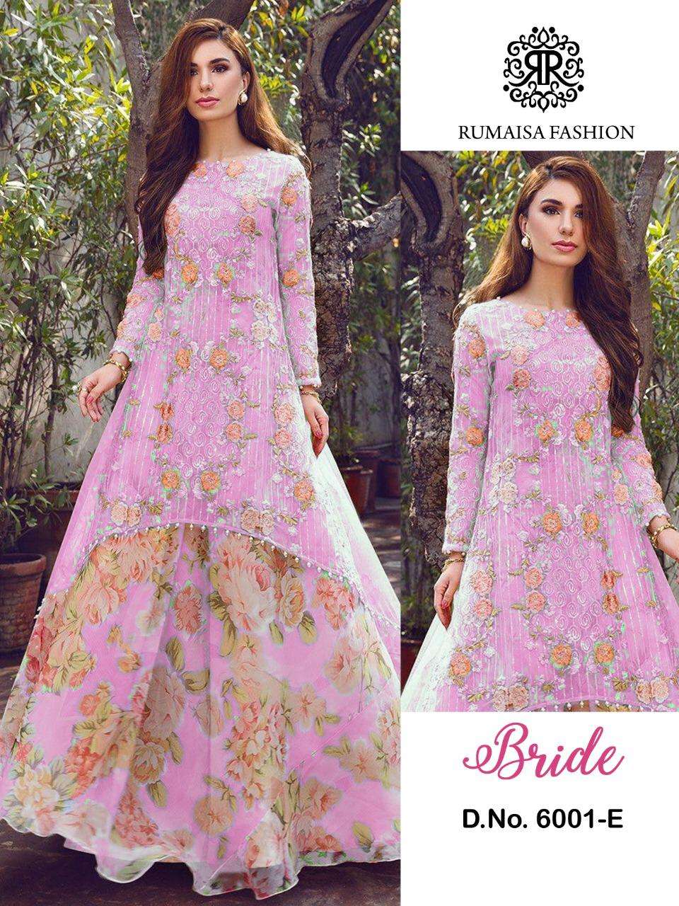 BRIDE BY RUMAISHA FASHION 6001-A TO 6001-E SERIES DESIGNER ANARKALI SUITS COLLECTION BEAUTIFUL STYLISH COLORFUL FANCY PARTY WEAR & OCCASIONAL WEAR HEAVY NET WITH EMBROIDERY DRESSES AT WHOLESALE PRICE