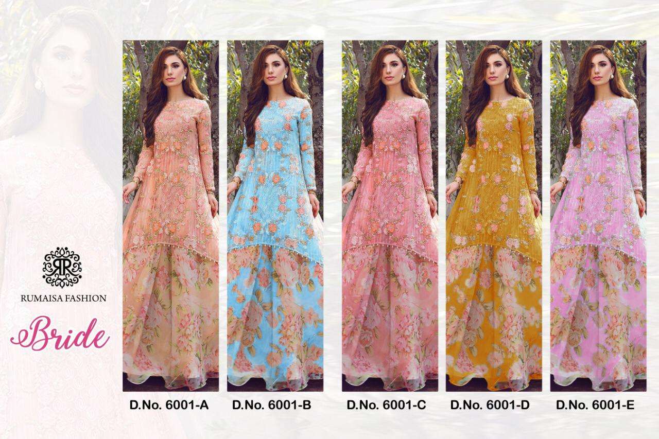 BRIDE BY RUMAISHA FASHION 6001-A TO 6001-E SERIES DESIGNER ANARKALI SUITS COLLECTION BEAUTIFUL STYLISH COLORFUL FANCY PARTY WEAR & OCCASIONAL WEAR HEAVY NET WITH EMBROIDERY DRESSES AT WHOLESALE PRICE
