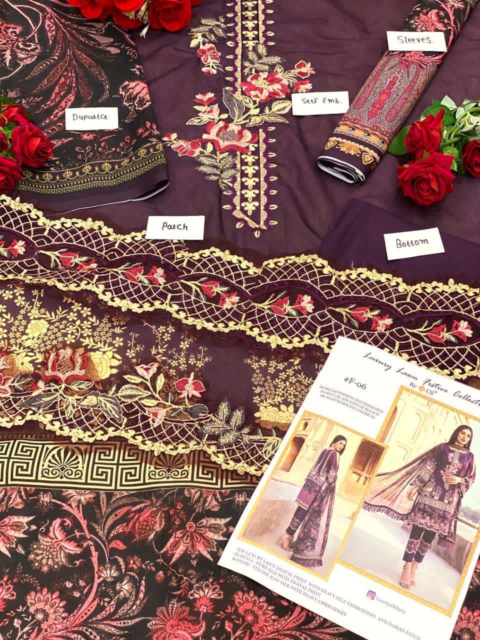 LUXURY LAWN FESTIVE COLLECTION BY CS F-05 TO F-09 SERIES BEAUTIFUL SUITS STYLISH FANCY COLORFUL PARTY WEAR & OCCASIONAL WEAR LUXURY LAWN DIGITAL PRINT AT WHOLESALE PRICE