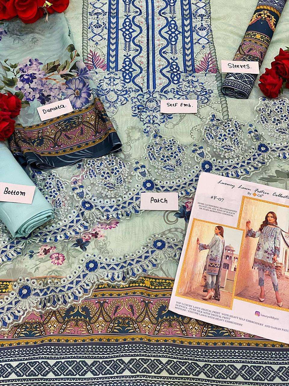 LUXURY LAWN FESTIVE COLLECTION BY CS F-05 TO F-09 SERIES BEAUTIFUL SUITS STYLISH FANCY COLORFUL PARTY WEAR & OCCASIONAL WEAR LUXURY LAWN DIGITAL PRINT AT WHOLESALE PRICE