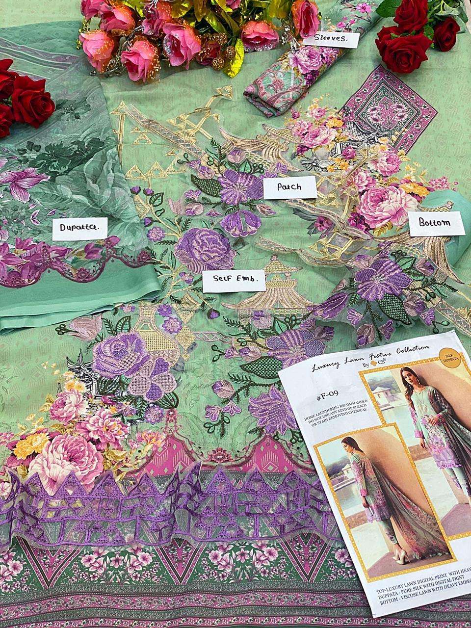 LUXURY LAWN FESTIVE COLLECTION BY CS F-05 TO F-09 SERIES BEAUTIFUL SUITS STYLISH FANCY COLORFUL PARTY WEAR & OCCASIONAL WEAR LUXURY LAWN DIGITAL PRINT AT WHOLESALE PRICE