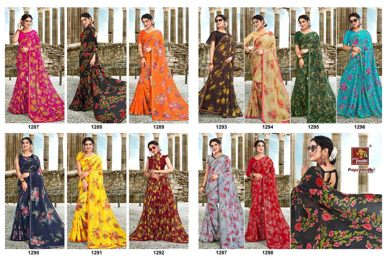 MANNAT BY PRIYA PARIDHI 1287 TO 1298 SERIES INDIAN TRADITIONAL WEAR COLLECTION BEAUTIFUL STYLISH FANCY COLORFUL PARTY WEAR & OCCASIONAL WEAR CHIFFON SAREES AT WHOLESALE PRICE