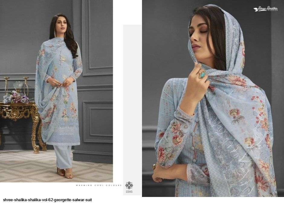 SHALIKA VOL-62 BY SHREE SHALIKA FASHION 2501 TO 2508 SERIES DESIGNER SUITS BEAUTIFUL STYLISH FANCY COLORFUL PARTY WEAR & OCCASIONAL WEAR PURE GEORGETTE EMBROIDERED DRESSES AT WHOLESALE PRICE