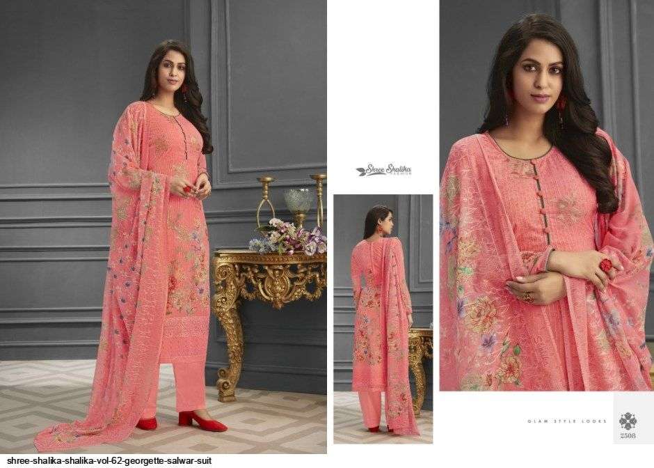 SHALIKA VOL-62 BY SHREE SHALIKA FASHION 2501 TO 2508 SERIES DESIGNER SUITS BEAUTIFUL STYLISH FANCY COLORFUL PARTY WEAR & OCCASIONAL WEAR PURE GEORGETTE EMBROIDERED DRESSES AT WHOLESALE PRICE