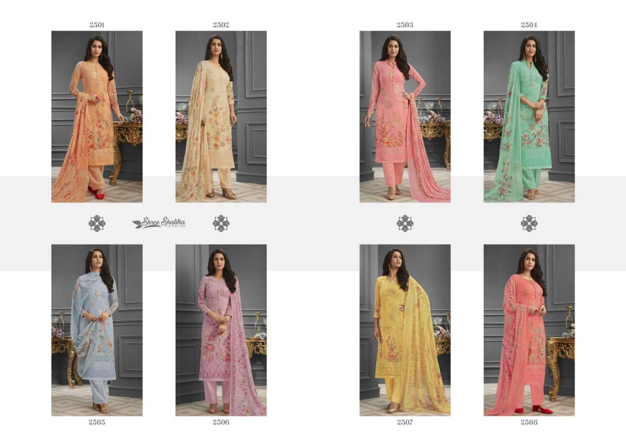 SHALIKA VOL-62 BY SHREE SHALIKA FASHION 2501 TO 2508 SERIES DESIGNER SUITS BEAUTIFUL STYLISH FANCY COLORFUL PARTY WEAR & OCCASIONAL WEAR PURE GEORGETTE EMBROIDERED DRESSES AT WHOLESALE PRICE