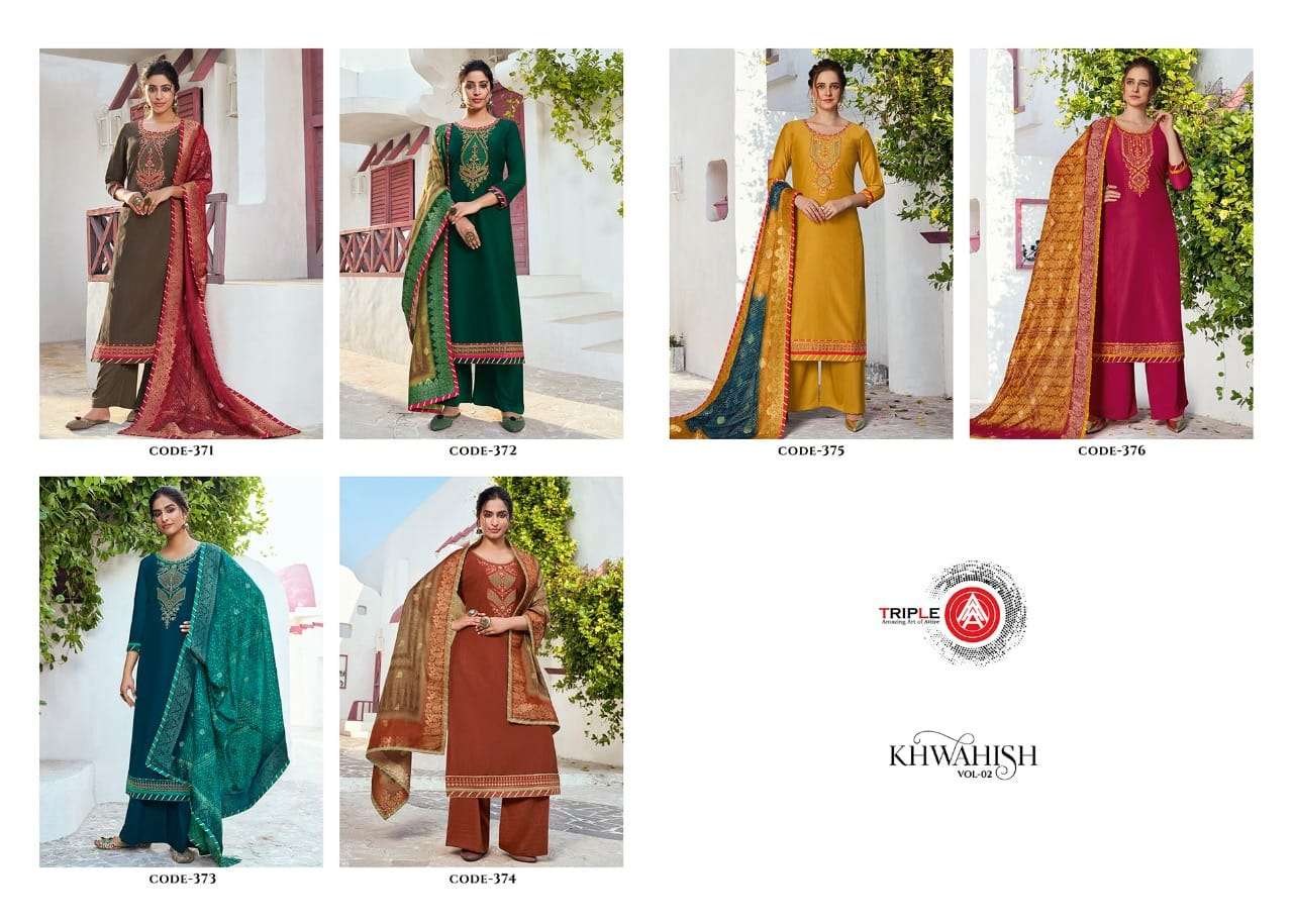KHWAHISH VOL-2 BY TRIPLE AAA 371 TO 376 SERIES BEAUTIFUL SUITS STYLISH FANCY COLORFUL PARTY WEAR & OCCASIONAL WEAR CHINON SILK PRINTED DRESSES AT WHOLESALE PRICE