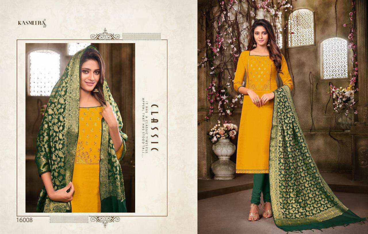QUEEN VOL-4 BY KASMEERA 16002 TO 16013 SERIES BEAUTIFUL STYLISH SUITS FANCY COLORFUL CASUAL WEAR & ETHNIC WEAR & READY TO WEAR BANARSI SILK DRESSES AT WHOLESALE PRICE