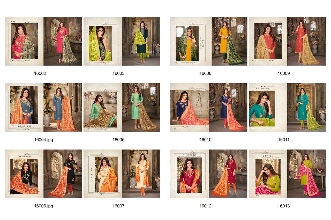 QUEEN VOL-4 BY KASMEERA 16002 TO 16013 SERIES BEAUTIFUL STYLISH SUITS FANCY COLORFUL CASUAL WEAR & ETHNIC WEAR & READY TO WEAR BANARSI SILK DRESSES AT WHOLESALE PRICE