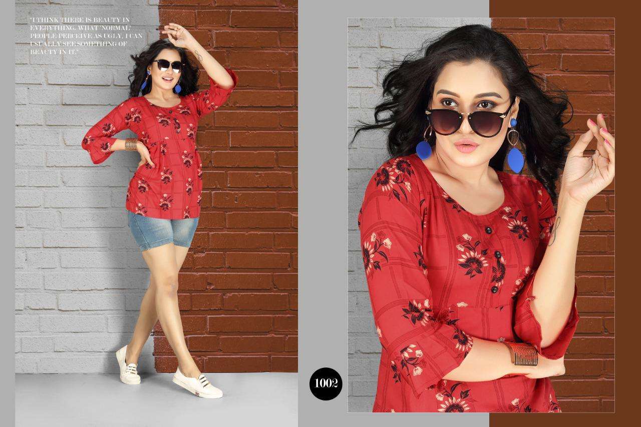 RITVIKA BY S S KURTIS 1001 TO 1008 SERIES BEAUTIFUL COLORFUL STYLISH FANCY CASUAL WEAR & ETHNIC WEAR & READY TO WEAR RAYON PRINTED TOPS AT WHOLESALE PRICE