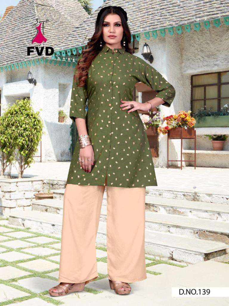 7 HORSE BY FVD 139 TO 144 SERIES STYLISH FANCY BEAUTIFUL COLORFUL CASUAL WEAR & ETHNIC WEAR RAYON PRINTED KURTIS WITH BOTTOM AT WHOLESALE PRICE