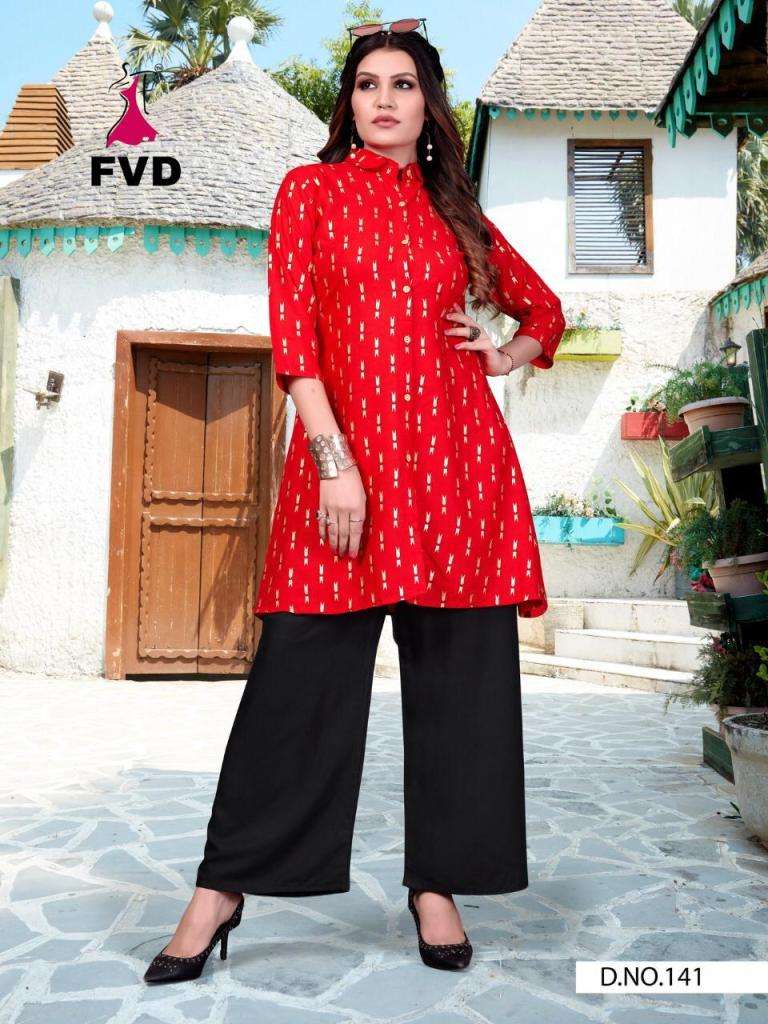 7 HORSE BY FVD 139 TO 144 SERIES STYLISH FANCY BEAUTIFUL COLORFUL CASUAL WEAR & ETHNIC WEAR RAYON PRINTED KURTIS WITH BOTTOM AT WHOLESALE PRICE