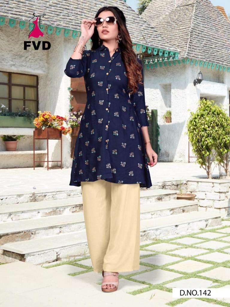 7 HORSE BY FVD 139 TO 144 SERIES STYLISH FANCY BEAUTIFUL COLORFUL CASUAL WEAR & ETHNIC WEAR RAYON PRINTED KURTIS WITH BOTTOM AT WHOLESALE PRICE