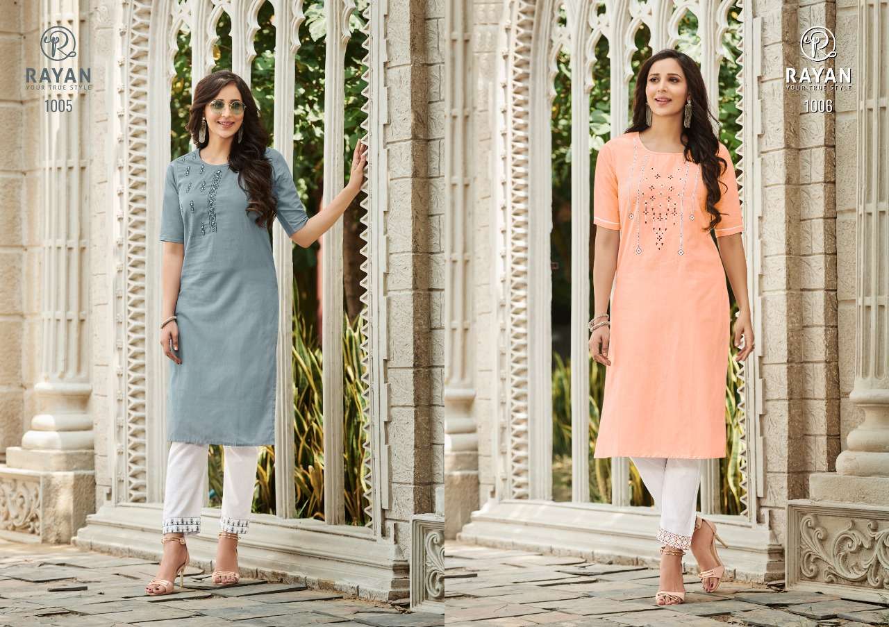 TARASA VOL-1 BY RAYAN 1001 TO 1006 SERIES DESIGNER BEAUTIFUL STYLISH FANCY COLORFUL PARTY WEAR & OCCASIONAL WEAR HEAVY COTTON PRINTED KURTIS WITH BOTTOM AT WHOLESALE PRICE