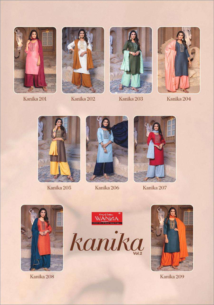 KANIKA VOL-2 BY WANNA 201 TO 209 SERIES BEAUTIFUL SUITS STYLISH FANCY COLORFUL PARTY WEAR & OCCASIONAL WEAR RAYON PRINTED DRESSES AT WHOLESALE PRICe