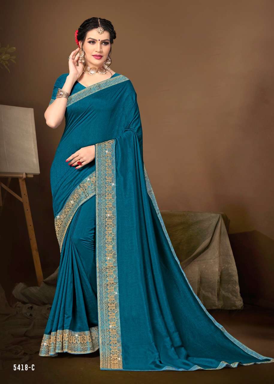 KAJU KATLI VOL-4 BY INDIAN WOMEN 5418-A TO 5418-H SERIES INDIAN TRADITIONAL WEAR COLLECTION BEAUTIFUL STYLISH FANCY COLORFUL PARTY WEAR & OCCASIONAL WEAR VICHITRA SILK SAREES AT WHOLESALE PRICE