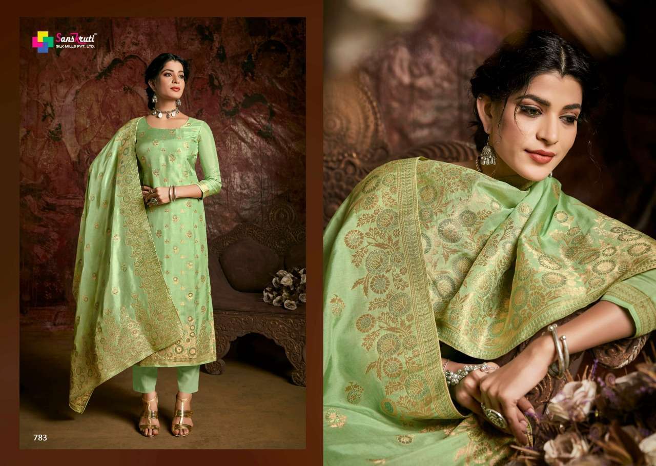 RUHANIYAT BY SANSKRUTI SILK MILLS 783 TO 789 SERIES BEAUTIFUL STYLISH SUITS FANCY COLORFUL CASUAL WEAR & ETHNIC WEAR & READY TO WEAR RUSSIAN MEENAKARI JACQUARD DRESSES AT WHOLESALE PRICE