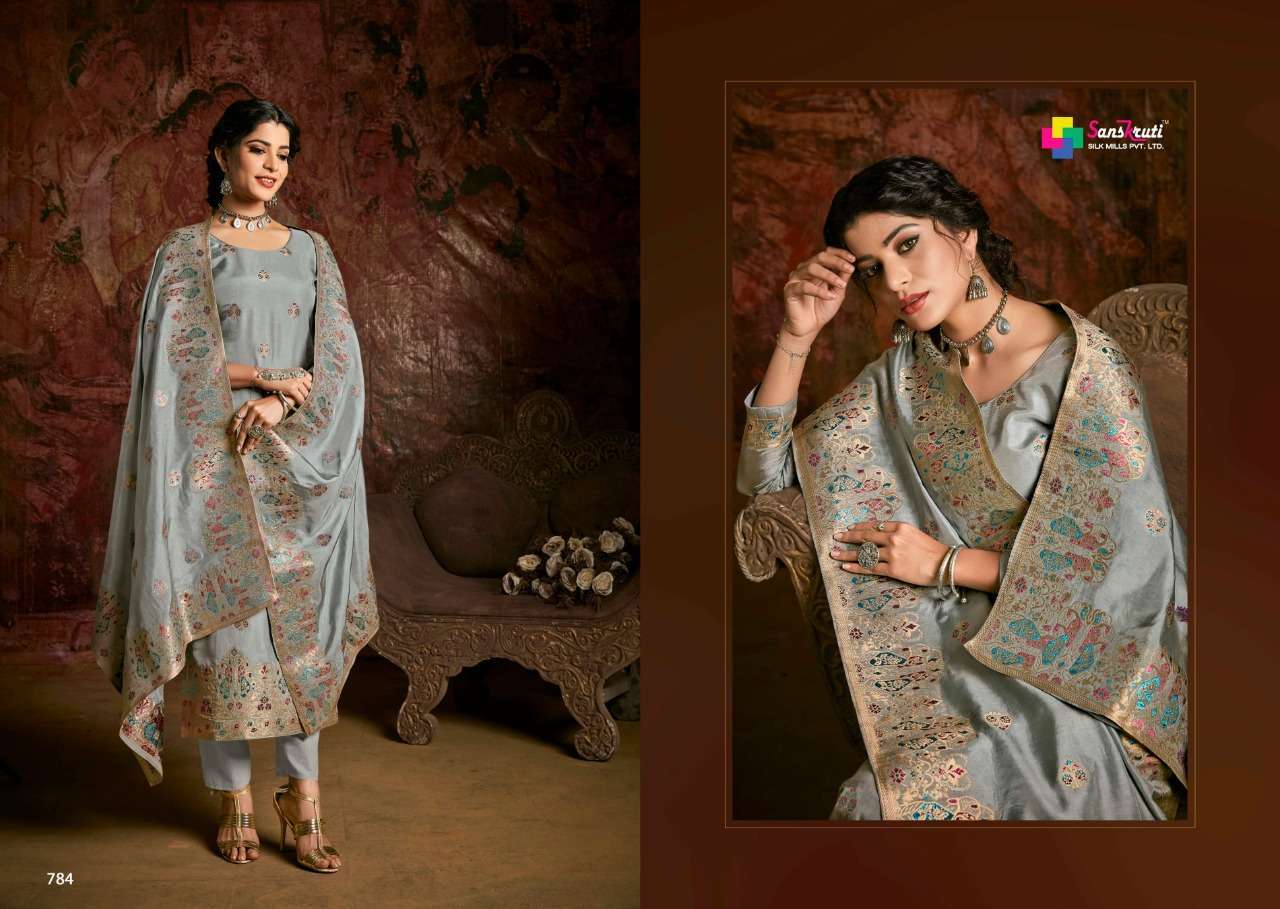 RUHANIYAT BY SANSKRUTI SILK MILLS 783 TO 789 SERIES BEAUTIFUL STYLISH SUITS FANCY COLORFUL CASUAL WEAR & ETHNIC WEAR & READY TO WEAR RUSSIAN MEENAKARI JACQUARD DRESSES AT WHOLESALE PRICE