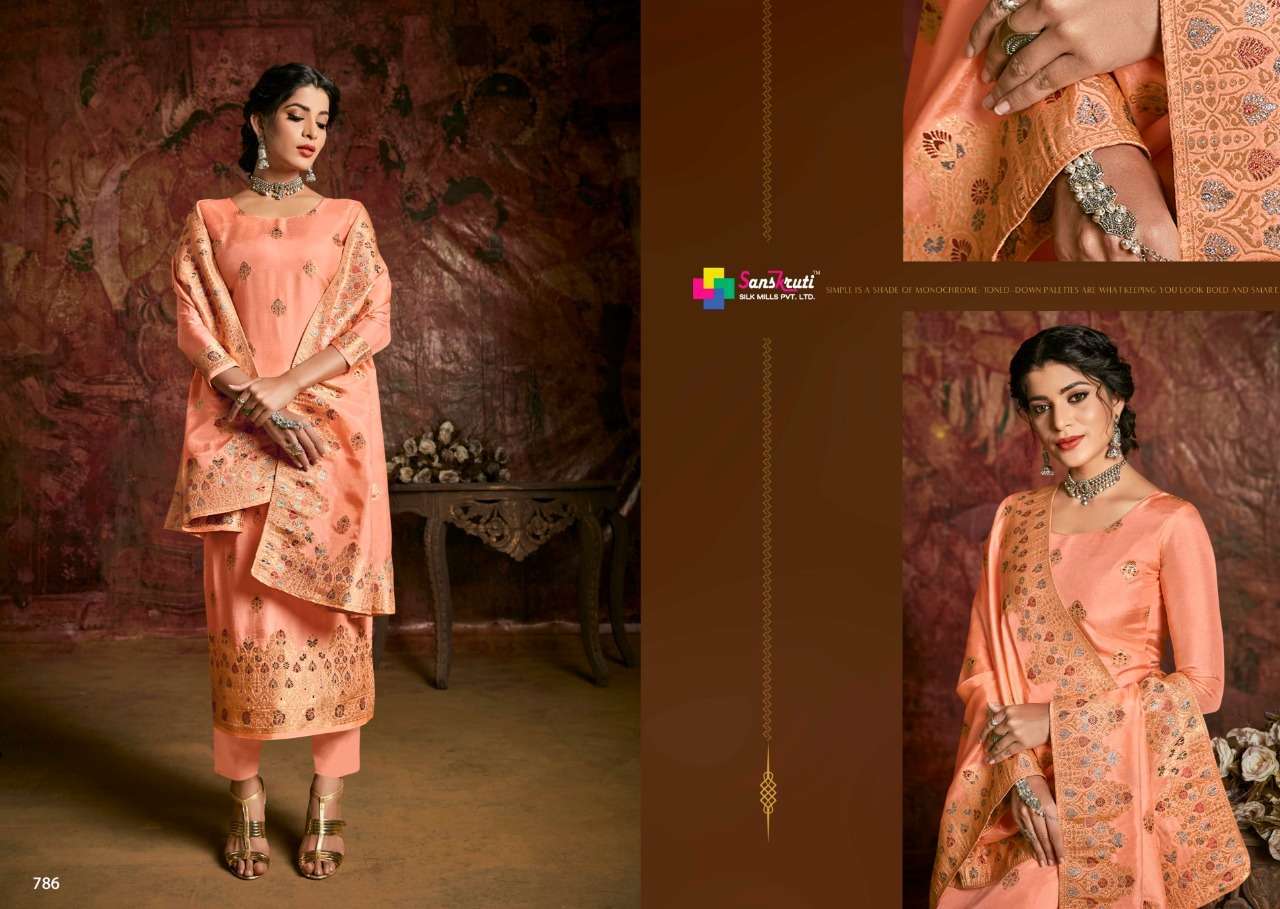 RUHANIYAT BY SANSKRUTI SILK MILLS 783 TO 789 SERIES BEAUTIFUL STYLISH SUITS FANCY COLORFUL CASUAL WEAR & ETHNIC WEAR & READY TO WEAR RUSSIAN MEENAKARI JACQUARD DRESSES AT WHOLESALE PRICE
