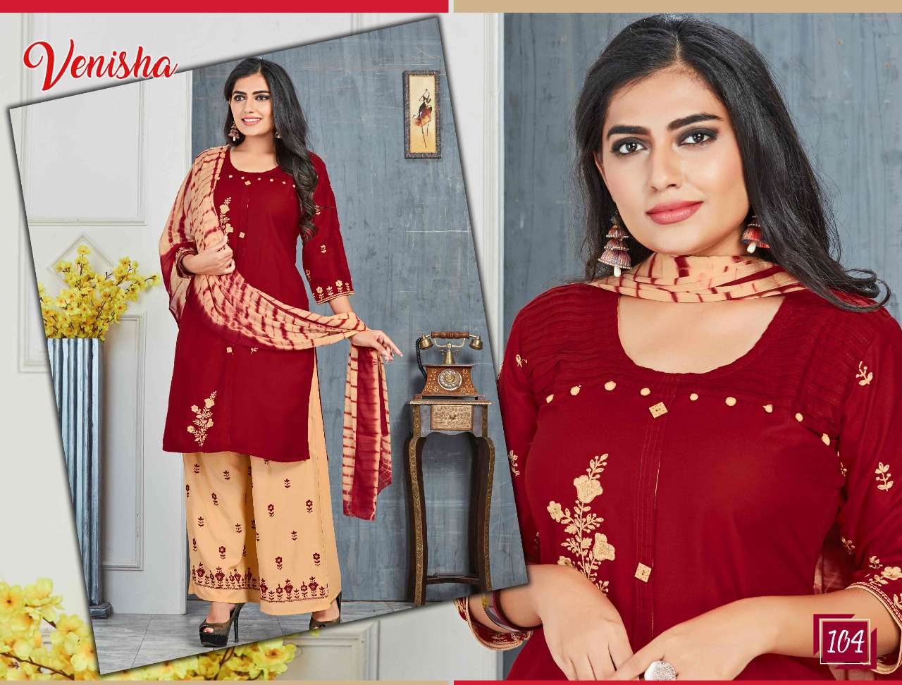 SRINAGAR BY VENISHA 101 TO 106 SERIES BEAUTIFUL SUITS STYLISH FANCY COLORFUL CASUAL WEAR & ETHNIC WEAR RAYON EMBROIDERED DRESSES AT WHOLESALE PRICE