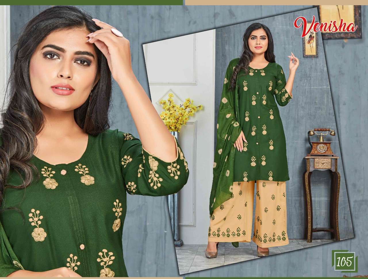 SRINAGAR BY VENISHA 101 TO 106 SERIES BEAUTIFUL SUITS STYLISH FANCY COLORFUL CASUAL WEAR & ETHNIC WEAR RAYON EMBROIDERED DRESSES AT WHOLESALE PRICE