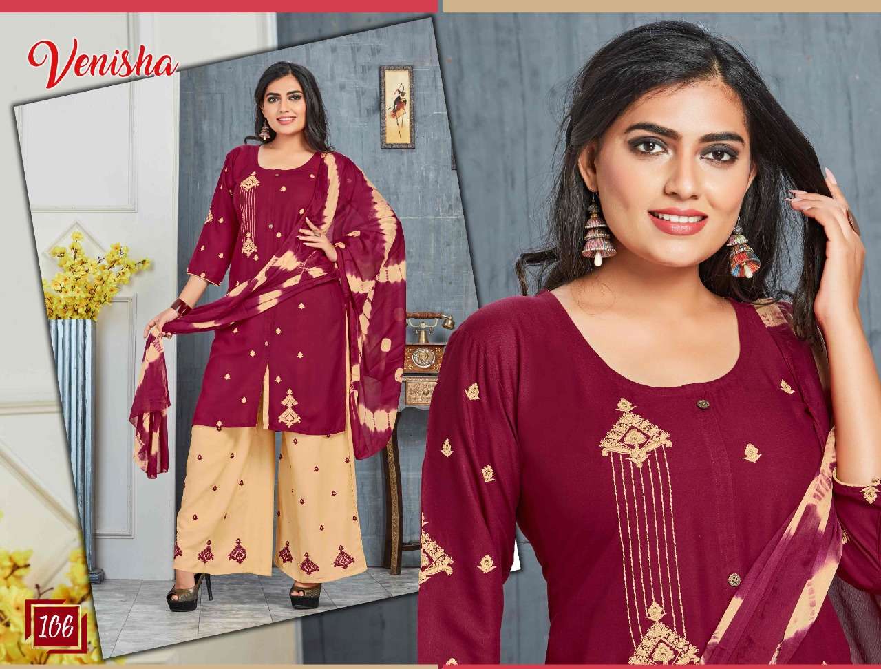 SRINAGAR BY VENISHA 101 TO 106 SERIES BEAUTIFUL SUITS STYLISH FANCY COLORFUL CASUAL WEAR & ETHNIC WEAR RAYON EMBROIDERED DRESSES AT WHOLESALE PRICE