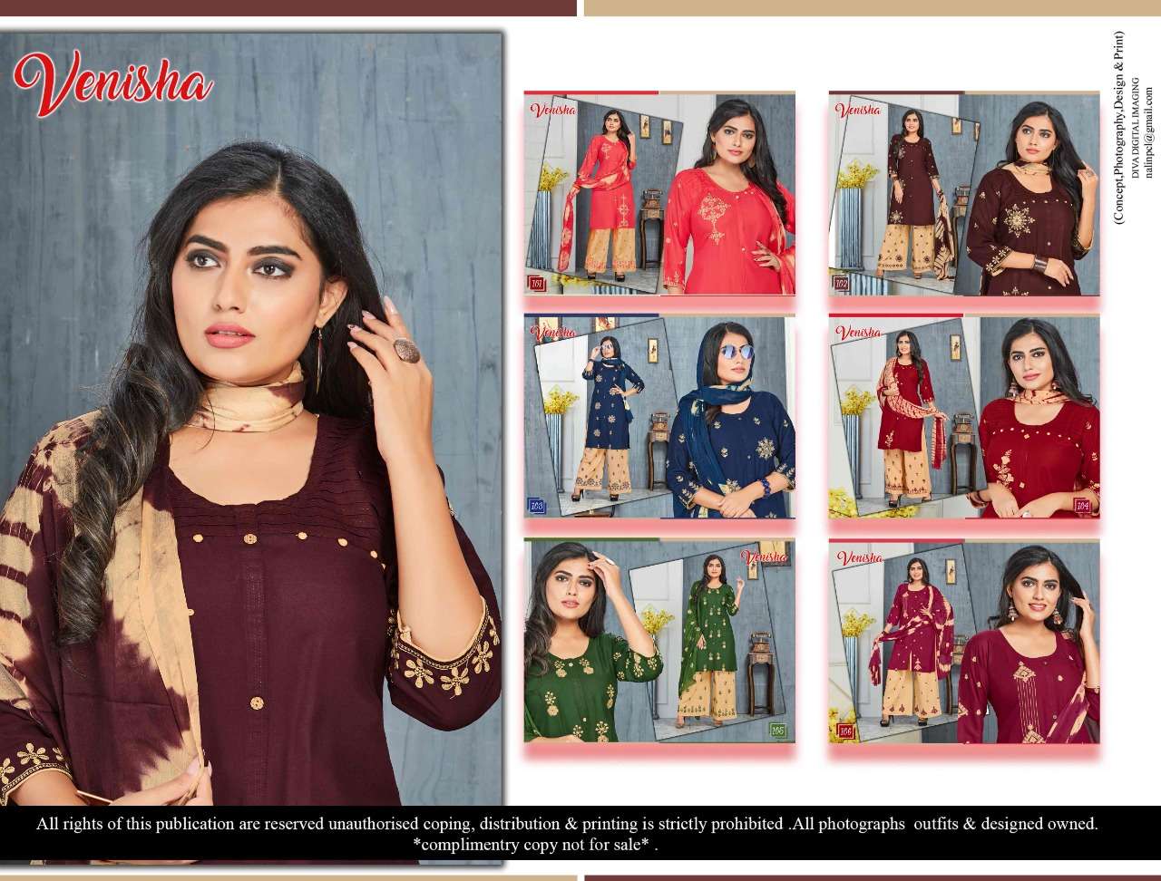 SRINAGAR BY VENISHA 101 TO 106 SERIES BEAUTIFUL SUITS STYLISH FANCY COLORFUL CASUAL WEAR & ETHNIC WEAR RAYON EMBROIDERED DRESSES AT WHOLESALE PRICE