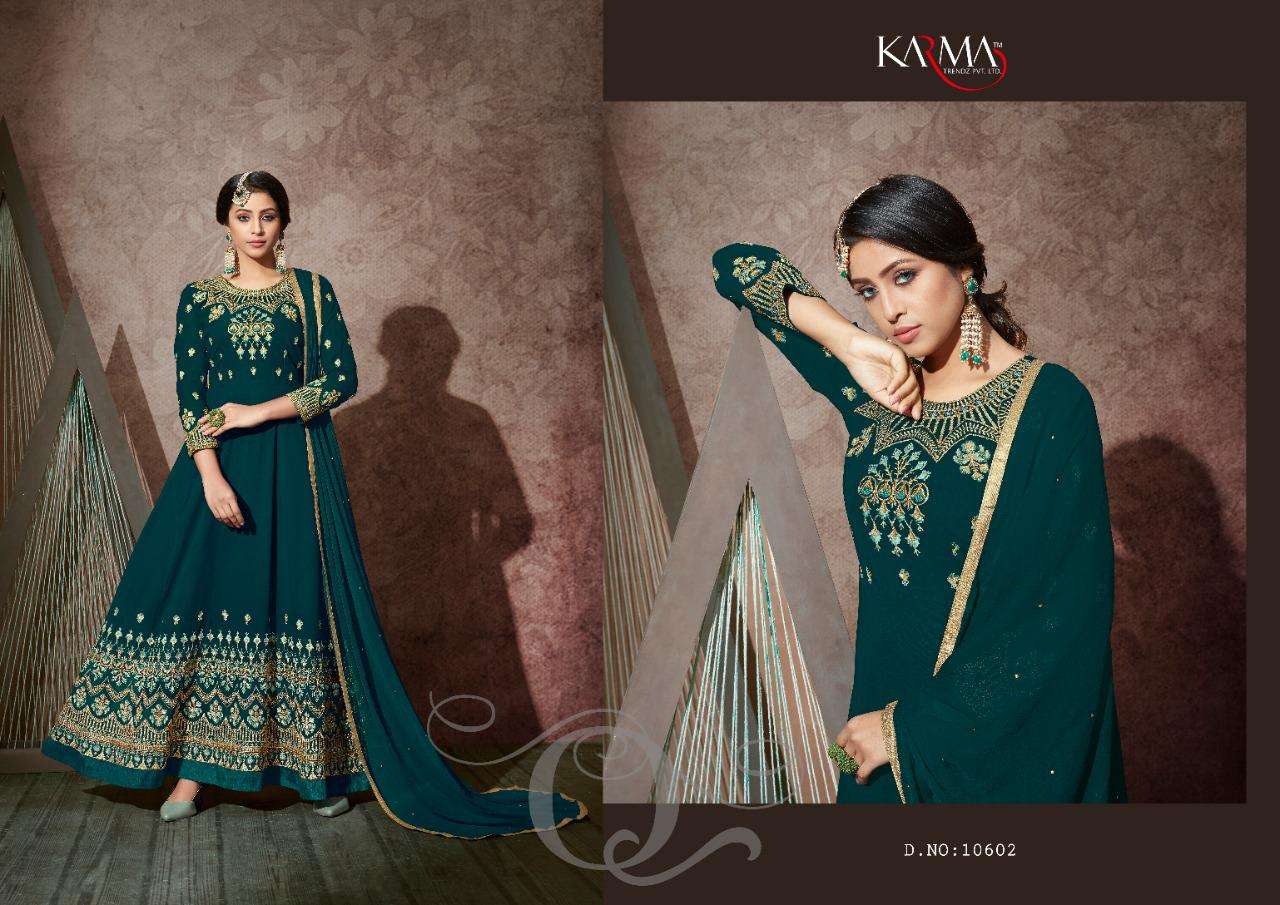 KARMA 10602 SERIES BY KARMA TRENDZ 10602 TO 10608 SERIES DESIGNER WEDDING COLLECTION BEAUTIFUL STYLISH FANCY COLORFUL PARTY WEAR & OCCASIONAL WEAR GEORGETTE EMBROIDERED DRESSES AT WHOLESALE PRICE