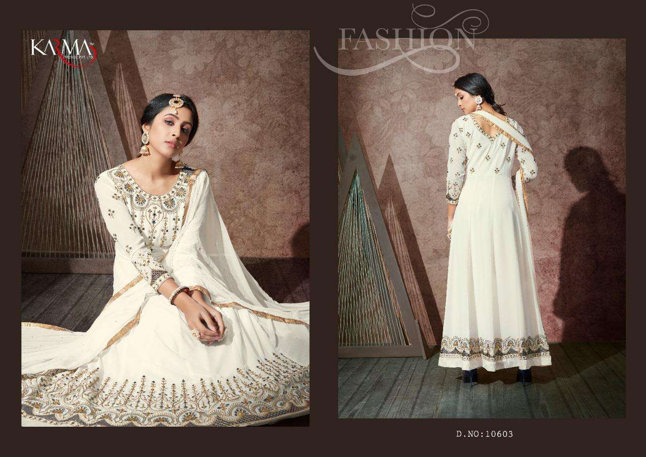 KARMA 10602 SERIES BY KARMA TRENDZ 10602 TO 10608 SERIES DESIGNER WEDDING COLLECTION BEAUTIFUL STYLISH FANCY COLORFUL PARTY WEAR & OCCASIONAL WEAR GEORGETTE EMBROIDERED DRESSES AT WHOLESALE PRICE