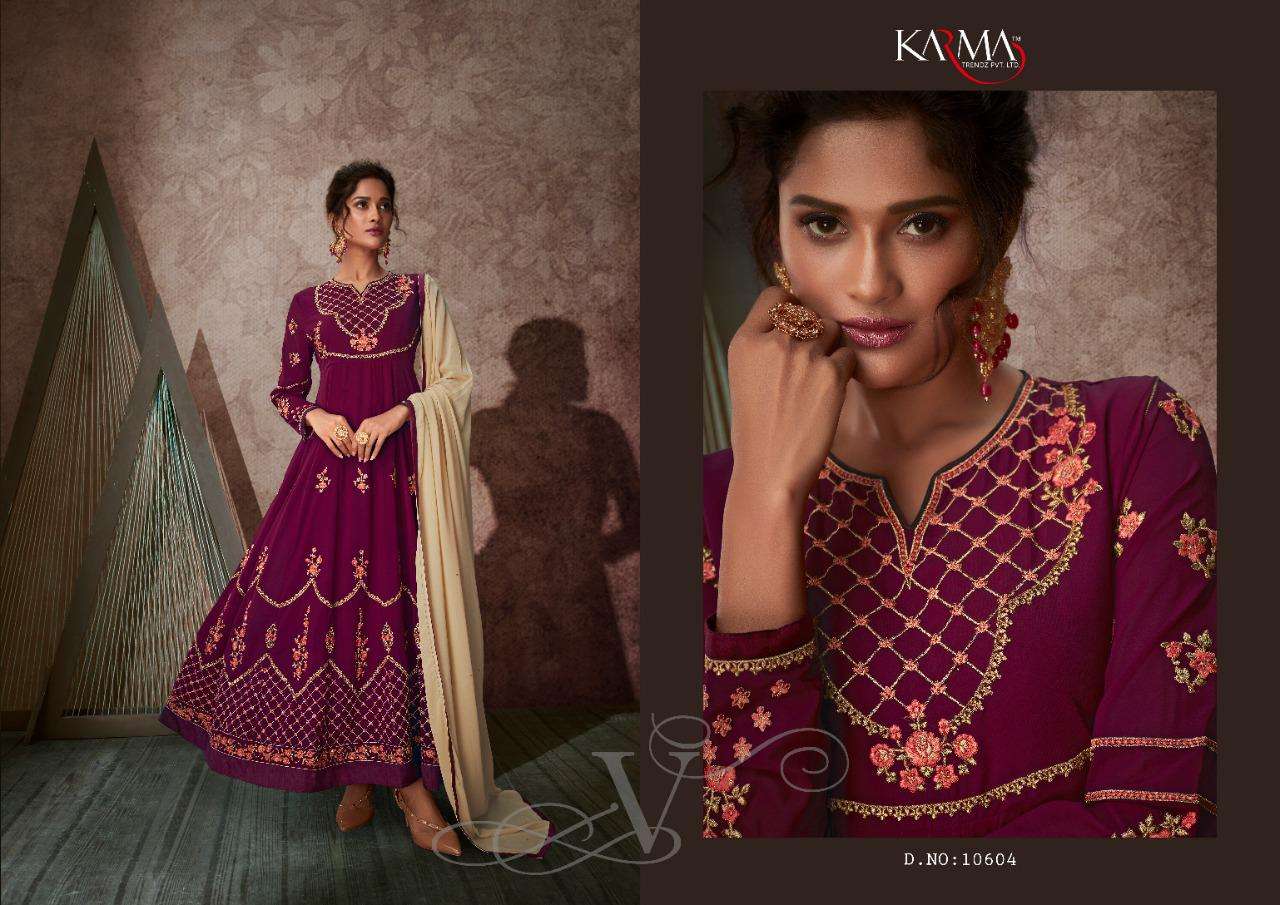 KARMA 10602 SERIES BY KARMA TRENDZ 10602 TO 10608 SERIES DESIGNER WEDDING COLLECTION BEAUTIFUL STYLISH FANCY COLORFUL PARTY WEAR & OCCASIONAL WEAR GEORGETTE EMBROIDERED DRESSES AT WHOLESALE PRICE