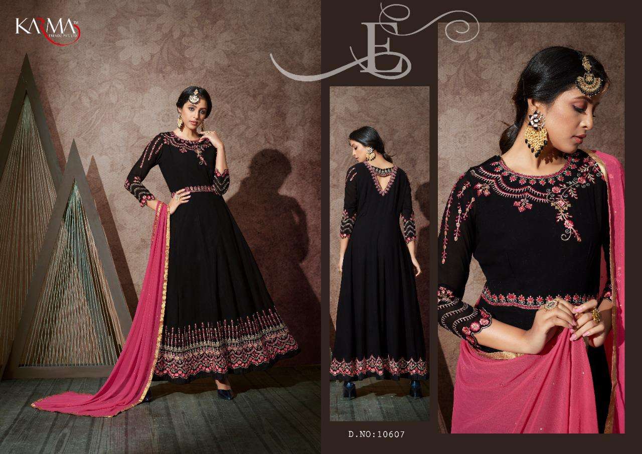 KARMA 10602 SERIES BY KARMA TRENDZ 10602 TO 10608 SERIES DESIGNER WEDDING COLLECTION BEAUTIFUL STYLISH FANCY COLORFUL PARTY WEAR & OCCASIONAL WEAR GEORGETTE EMBROIDERED DRESSES AT WHOLESALE PRICE