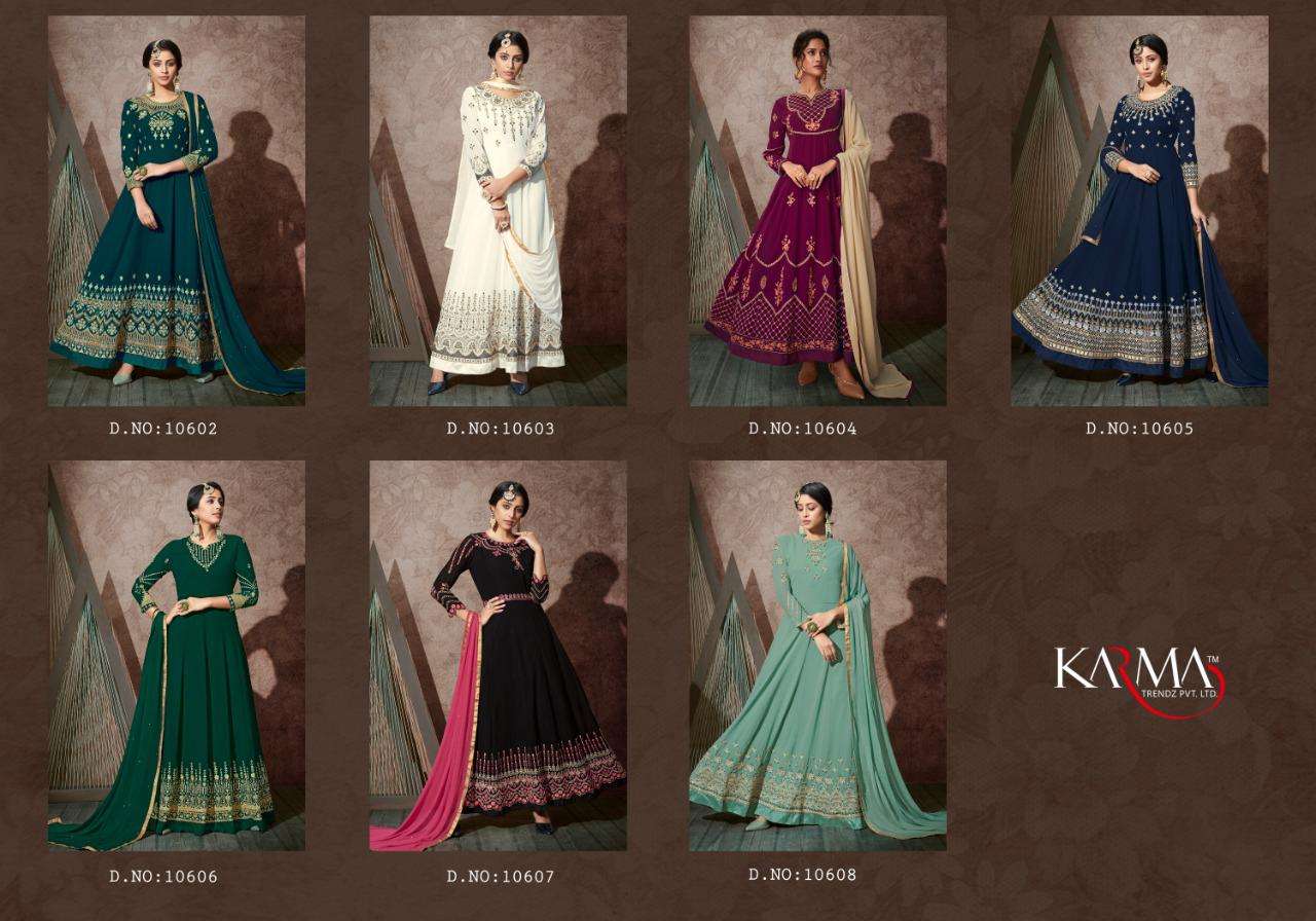 KARMA 10602 SERIES BY KARMA TRENDZ 10602 TO 10608 SERIES DESIGNER WEDDING COLLECTION BEAUTIFUL STYLISH FANCY COLORFUL PARTY WEAR & OCCASIONAL WEAR GEORGETTE EMBROIDERED DRESSES AT WHOLESALE PRICE
