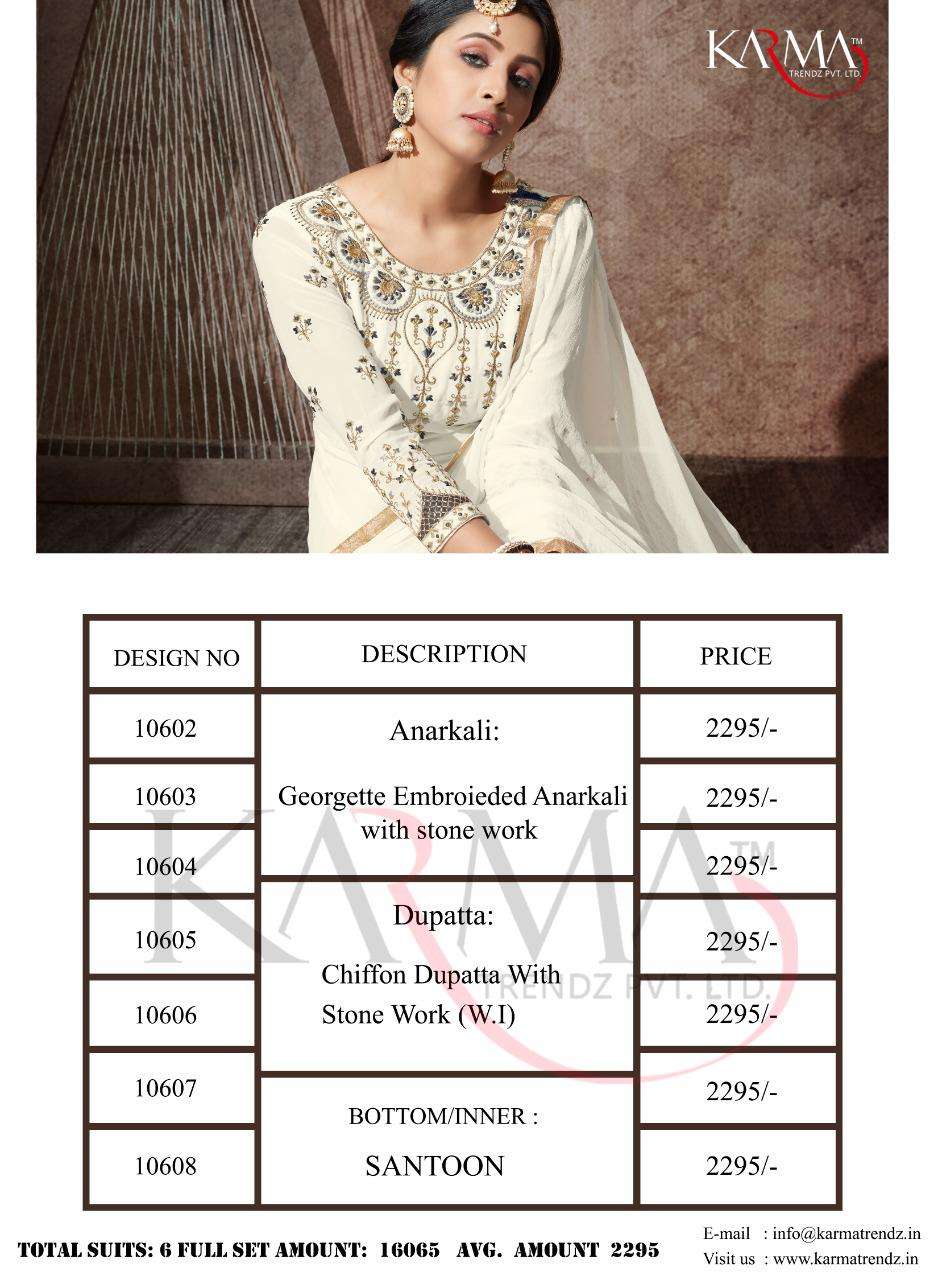 KARMA 10602 SERIES BY KARMA TRENDZ 10602 TO 10608 SERIES DESIGNER WEDDING COLLECTION BEAUTIFUL STYLISH FANCY COLORFUL PARTY WEAR & OCCASIONAL WEAR GEORGETTE EMBROIDERED DRESSES AT WHOLESALE PRICE