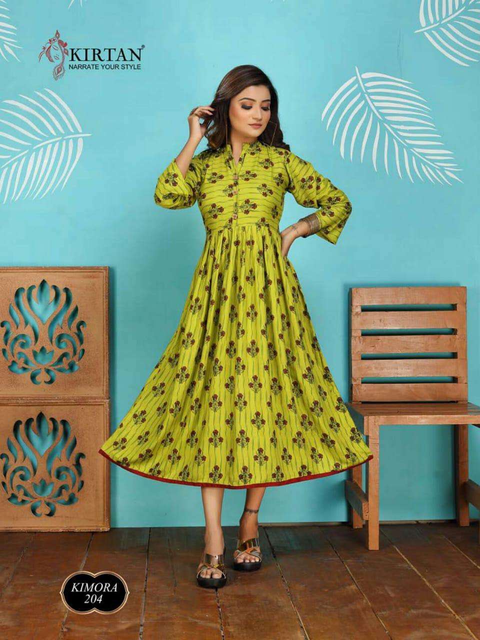 KIMORA VOL-2 BY KIRTAN 201 TO 208 SERIES BEAUTIFUL STYLISH FANCY COLORFUL CASUAL WEAR & ETHNIC WEAR & READY TO WEAR RAYON PRINT KURTIS AT WHOLESALE PRICE