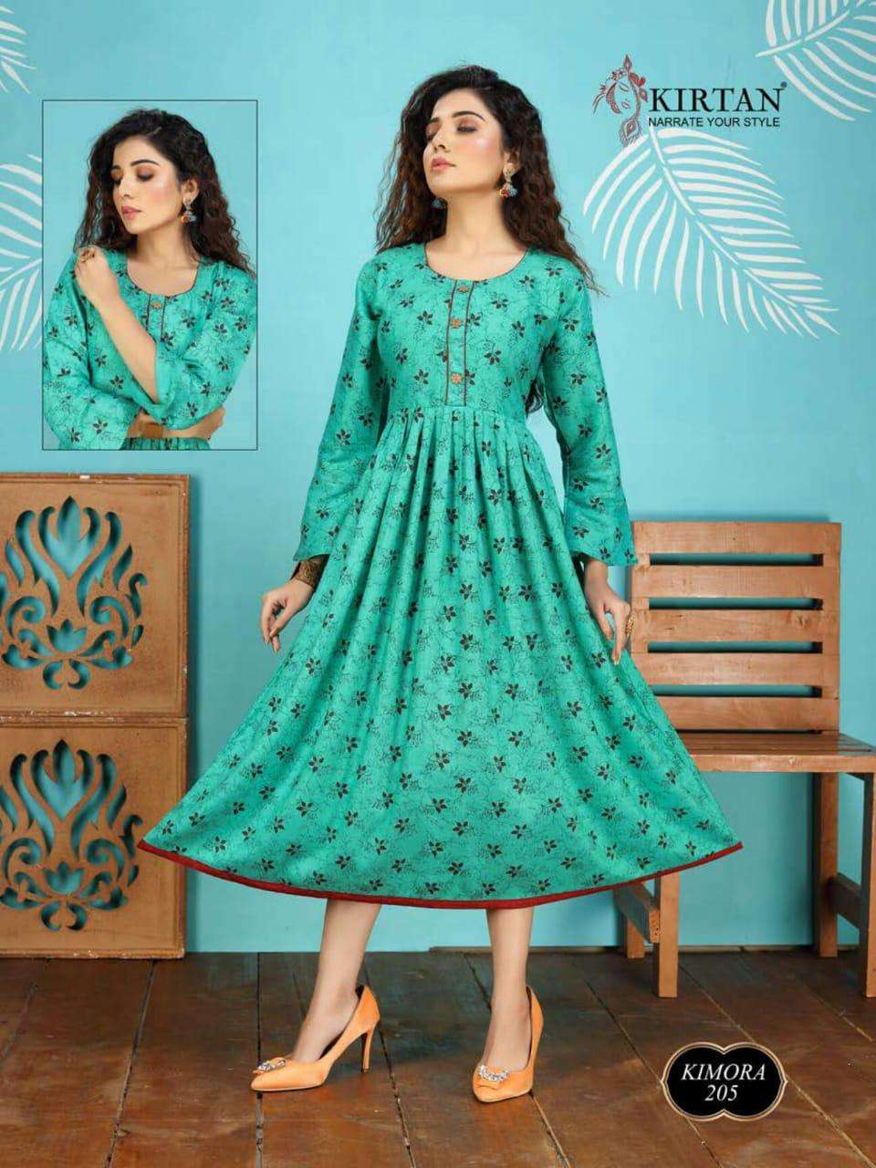 KIMORA VOL-2 BY KIRTAN 201 TO 208 SERIES BEAUTIFUL STYLISH FANCY COLORFUL CASUAL WEAR & ETHNIC WEAR & READY TO WEAR RAYON PRINT KURTIS AT WHOLESALE PRICE