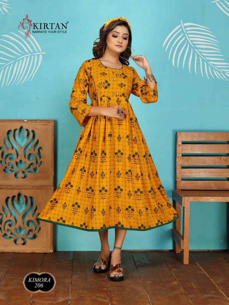 KIMORA VOL-2 BY KIRTAN 201 TO 208 SERIES BEAUTIFUL STYLISH FANCY COLORFUL CASUAL WEAR & ETHNIC WEAR & READY TO WEAR RAYON PRINT KURTIS AT WHOLESALE PRICE