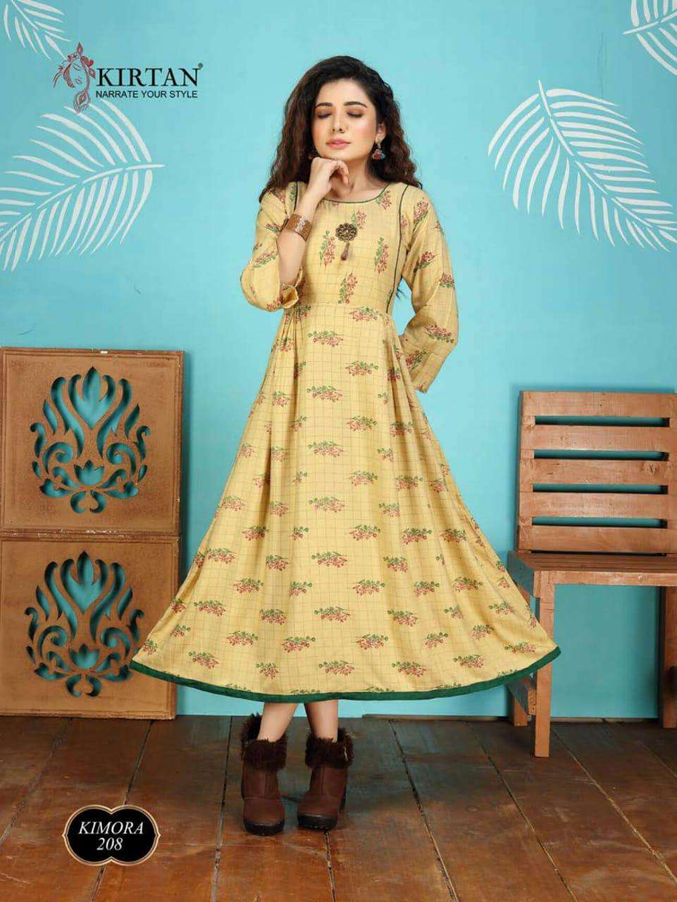 KIMORA VOL-2 BY KIRTAN 201 TO 208 SERIES BEAUTIFUL STYLISH FANCY COLORFUL CASUAL WEAR & ETHNIC WEAR & READY TO WEAR RAYON PRINT KURTIS AT WHOLESALE PRICE