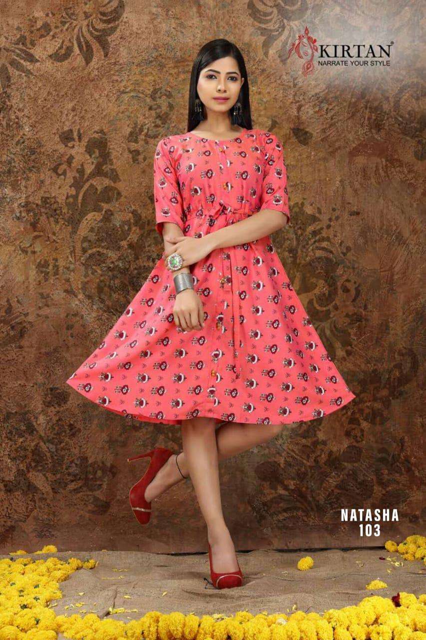 NATASHA BY KIRTAN 101 TO 108 SERIES BEAUTIFUL STYLISH FANCY COLORFUL CASUAL WEAR & ETHNIC WEAR & READY TO WEAR RAYON PRINT KURTIS AT WHOLESALE PRICE