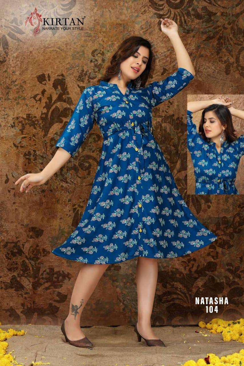NATASHA BY KIRTAN 101 TO 108 SERIES BEAUTIFUL STYLISH FANCY COLORFUL CASUAL WEAR & ETHNIC WEAR & READY TO WEAR RAYON PRINT KURTIS AT WHOLESALE PRICE