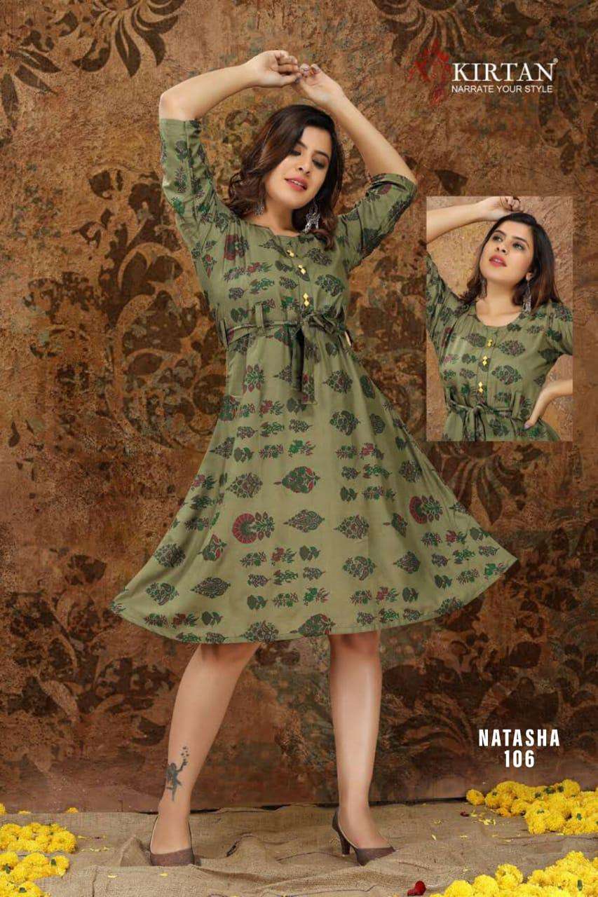 NATASHA BY KIRTAN 101 TO 108 SERIES BEAUTIFUL STYLISH FANCY COLORFUL CASUAL WEAR & ETHNIC WEAR & READY TO WEAR RAYON PRINT KURTIS AT WHOLESALE PRICE
