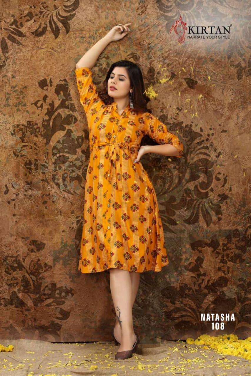NATASHA BY KIRTAN 101 TO 108 SERIES BEAUTIFUL STYLISH FANCY COLORFUL CASUAL WEAR & ETHNIC WEAR & READY TO WEAR RAYON PRINT KURTIS AT WHOLESALE PRICE
