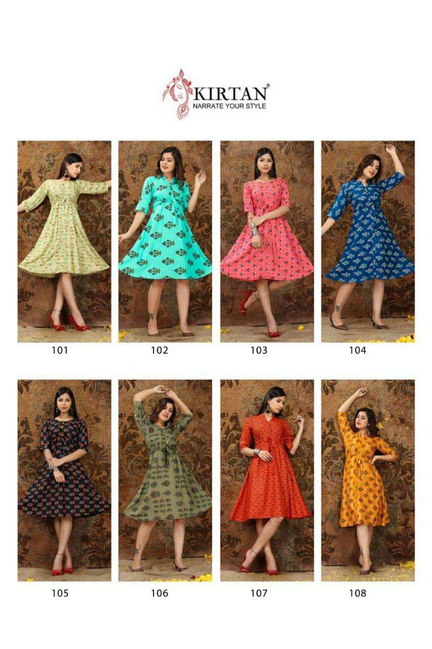 NATASHA BY KIRTAN 101 TO 108 SERIES BEAUTIFUL STYLISH FANCY COLORFUL CASUAL WEAR & ETHNIC WEAR & READY TO WEAR RAYON PRINT KURTIS AT WHOLESALE PRICE