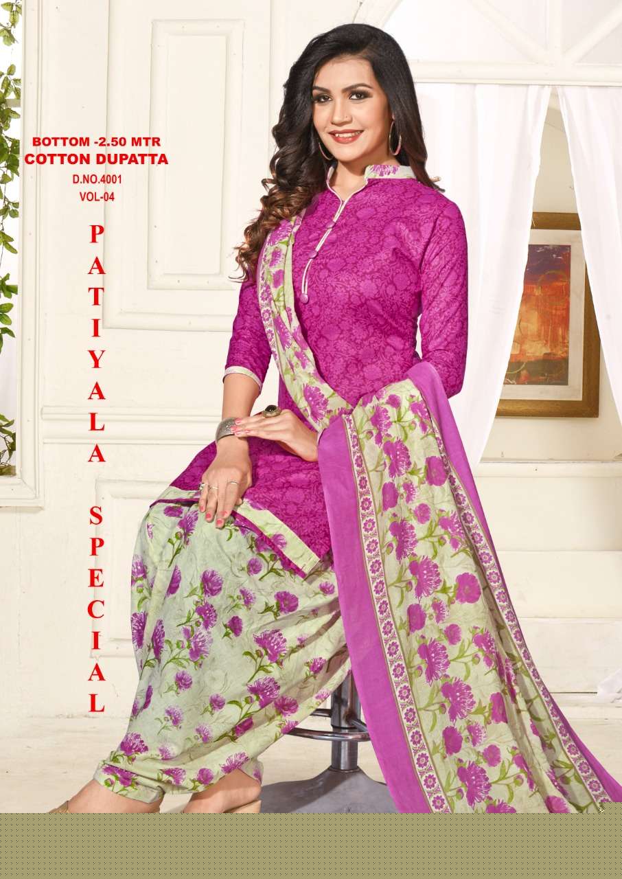 PATIYALA SPECIAL VOL-4 BY VANDANA 4001 TO 4012 SERIES BEAUTIFUL PATIYALA SUITS STYLISH FANCY COLORFUL PARTY WEAR & OCCASIONAL WEAR COTTON PRINTED DRESSES AT WHOLESALE PRICE